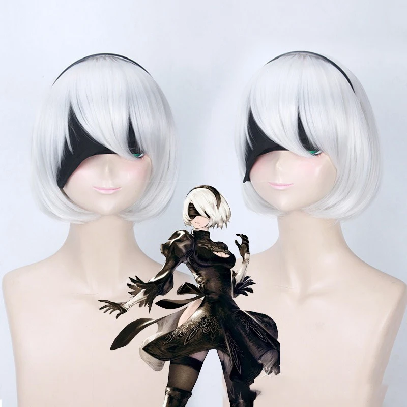 Cosplay Wig Mechanical Era 2B Neil Silvery White Short Human Hair Button Mesh Woman Hairpiece Daily Wear Festival Party Full Wig