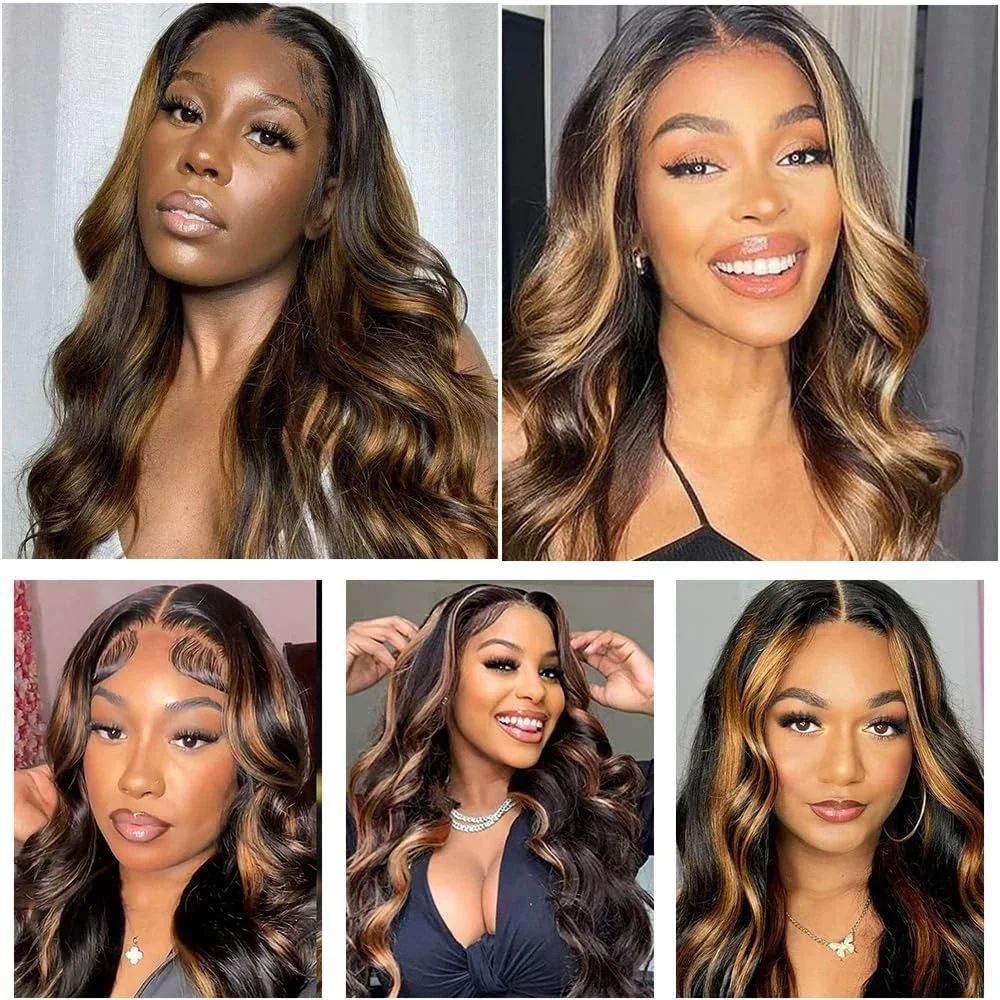 

Glueless Ombre Highlight Synthetic Lace Front Wigs Pre Plucked with Baby Hair Body Wave 13x4 HD Lace Front Wigs for Black Women
