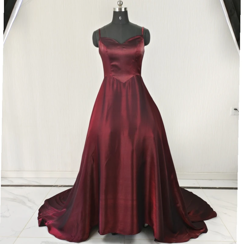 

Customized Real Photo Evening Dress Wine Red Sgaphetti Straps A-line Floor Length Trailing Plus size WOmen Formal Party Gown