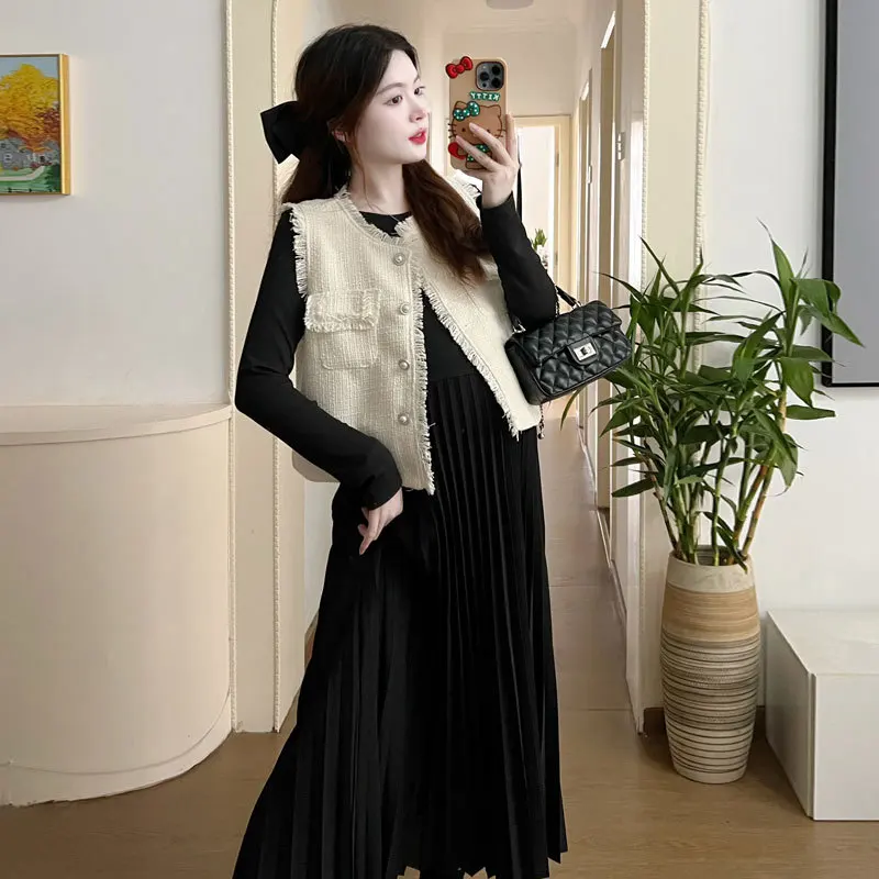 Women's Fashion Waistcoat Loose Pleated Dress Suit For Pregnant 2pcs Full Sleeve Pregnancy Dresses Sets Casual Maternity Clothes