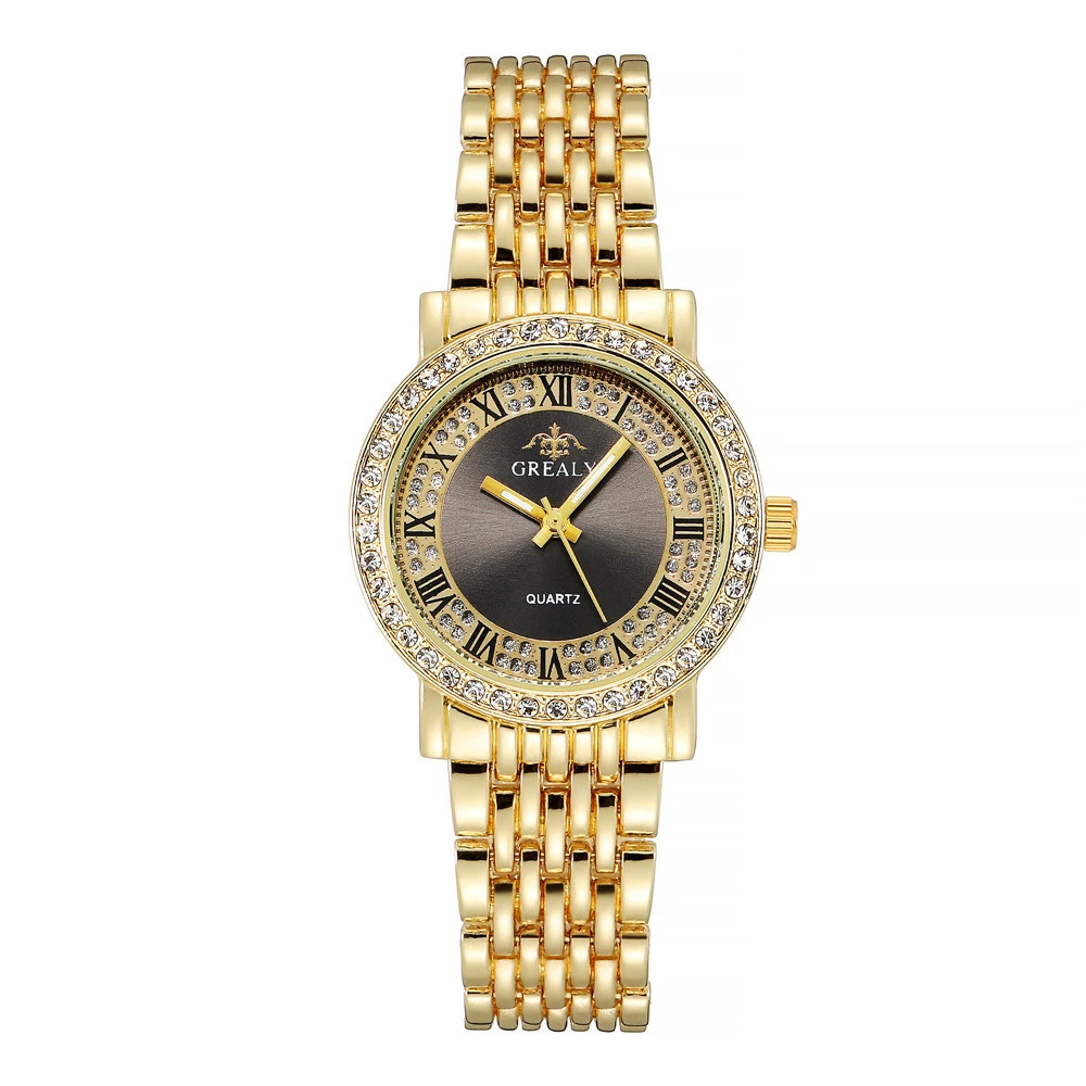 Montre à quartz décontractée pour femme avec bracelet en acier inoxydable, horloge dorée, ensemble de diamants, marque de luxe, mode Rome