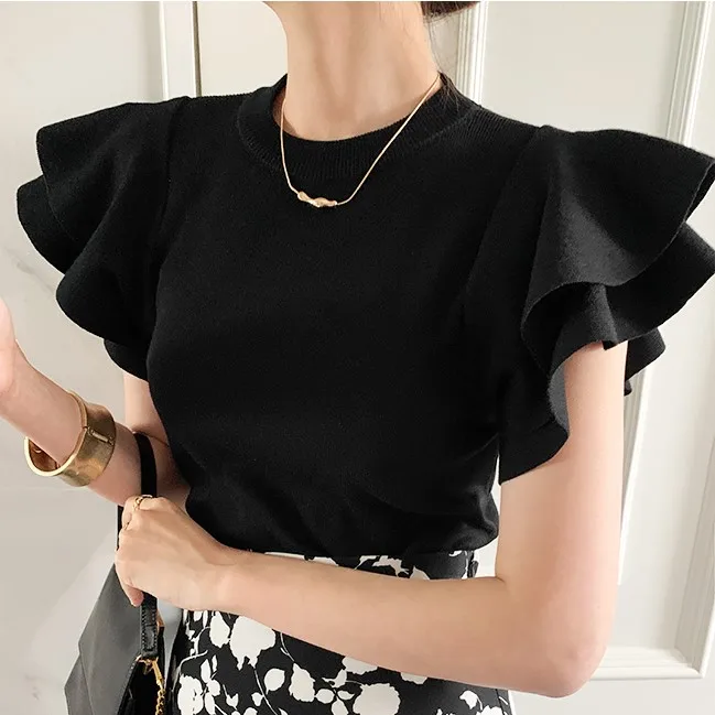 Summer Korean Fashion Slim T Shirt Sweater Women Flying Sleeve Ruffles Tees Top Vintage Elegant Ladies Knitted Woman Pullovers