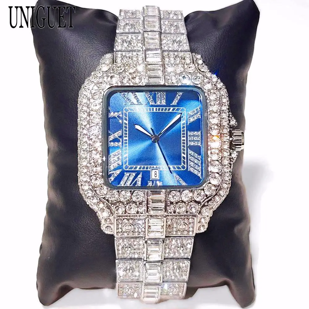 2025 Diamond Watch For Men Brand UNIGUET Fashion Iced Out Square Wristwatch Mans Hip Hop Bling Jewelry Quartz Watches Gift Reloj