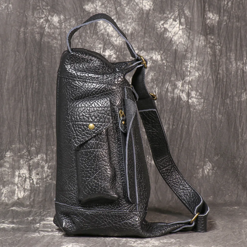 

High-end men's genuine leather chest bag, cycling motorcycle bag, single-shoulder travel expansion crossbody bag, hiking bag