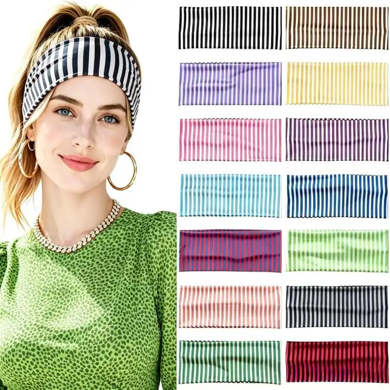 Dehnbare, breit gestreifte Stirnbänder aus weichem, atmungsaktivem Stoff, 6 Farboptionen für Yoga, Workout und tägliches Haarstyling. – Detail 10