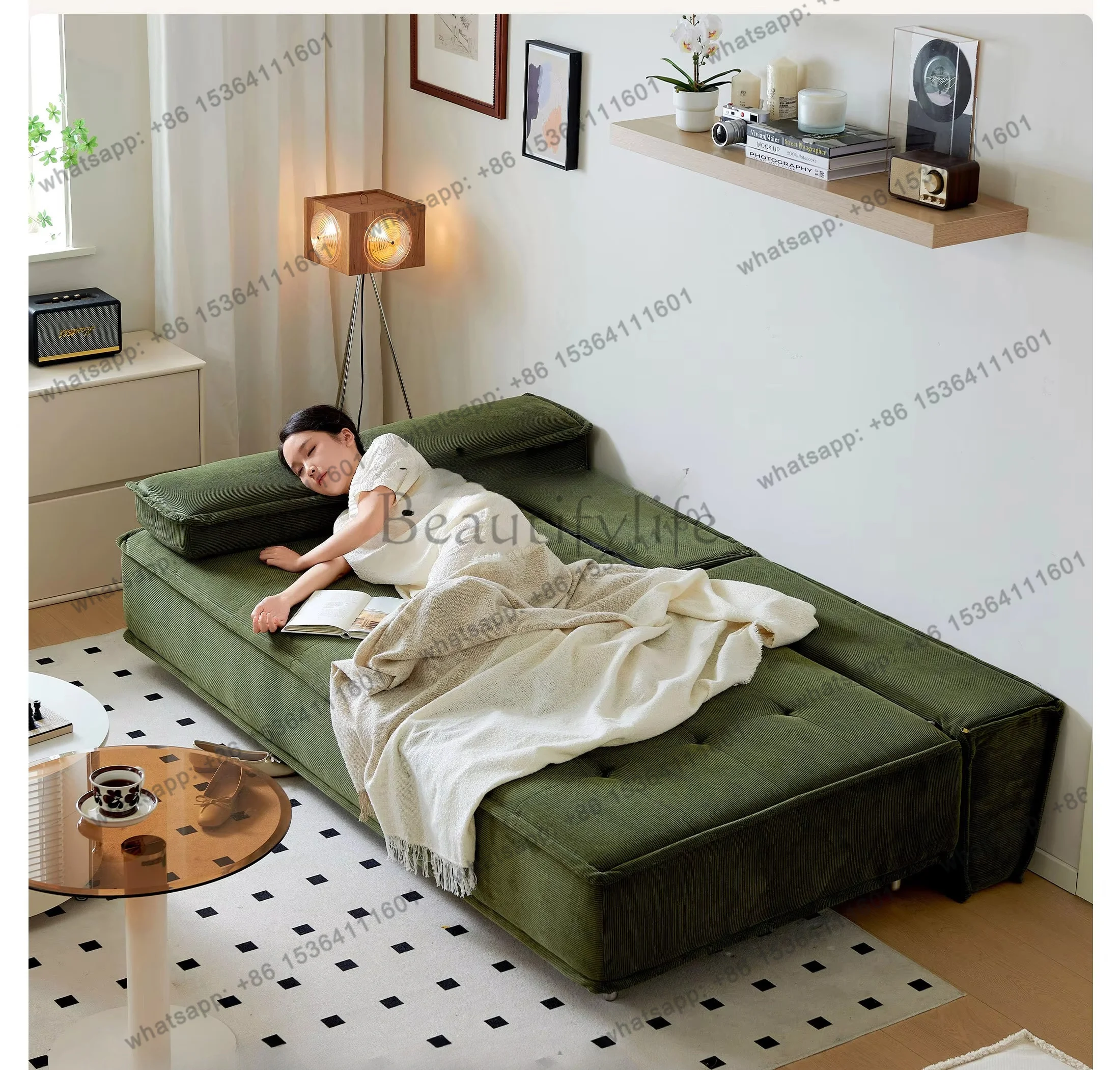 PG  small apartment sofa bed living room dual-purpose folding fabric straight row cream wind green three-person font