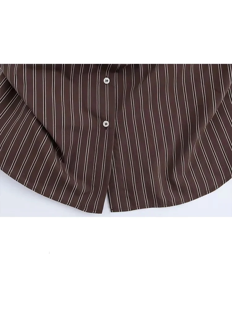TRAFZA, blusas de otoño para mujer, camisas de calle femeninas de un solo pecho con botones de manga larga y cuello vuelto a rayas lisas a la moda