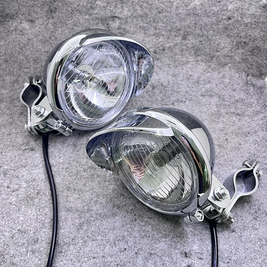1 Set Chrome Motorcycle Headlight Spot Fog Lamp With Roll Cage Guard Bar Tube Bracket Clamp For Benelli Ducati Cafe Racer