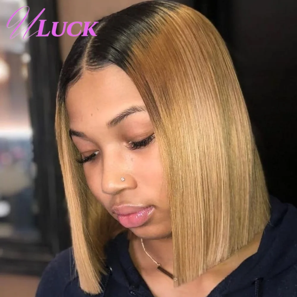 

Uluck Ombre Brown Colored Double Drawn Short Straight Bob Wig 100% Human Hair Wigs 300 Density 2x6 Lace Frontal Wigs Pre Plucked