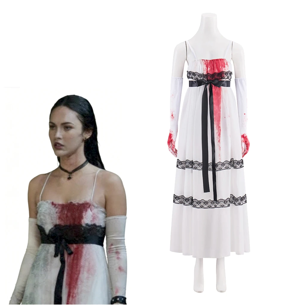 Fantasia de Cosplay da Jennifer do Filme 'Jennifer's Body', Vestido Branco com Luvas para Festa de Halloween