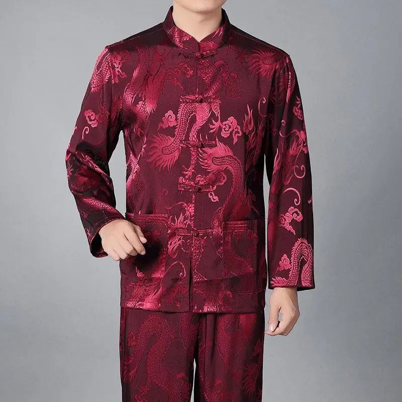 Smooth Men Dragon Print Shirt Men Silk Satin Shirt Chinese Traditional Tang Suit Casual Kong Fu Shirts Business Chemise Homme