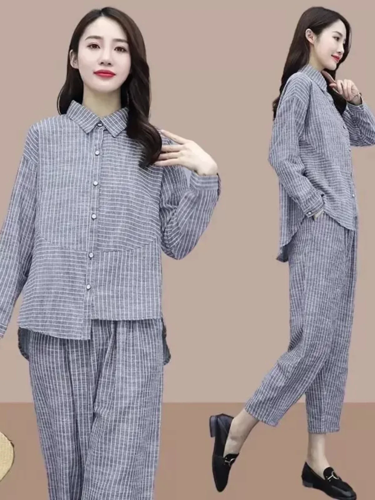 Completo Artistico a Righe Retrò Primavera 2026, Set Due Pezzi in Cotone e Lino Stile Coreano, Taglie Forti, Patchwork, Coprente, per Donna...