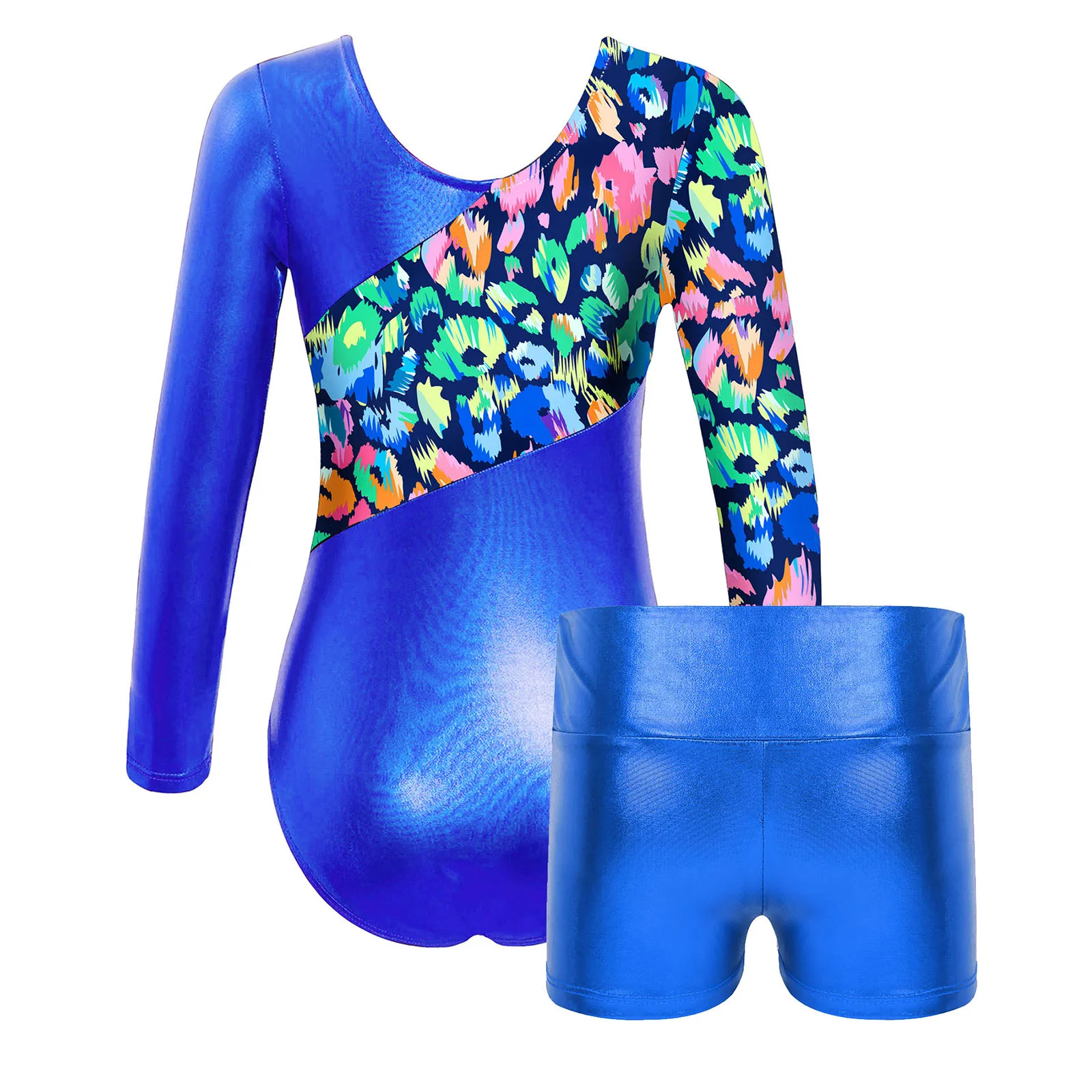 

Kids Girls Gymnastic Leotards Outfit Long Sleeve Printed Bodysuit+Shorts for Yoga Workout Sportswear Ballet Dance Performance