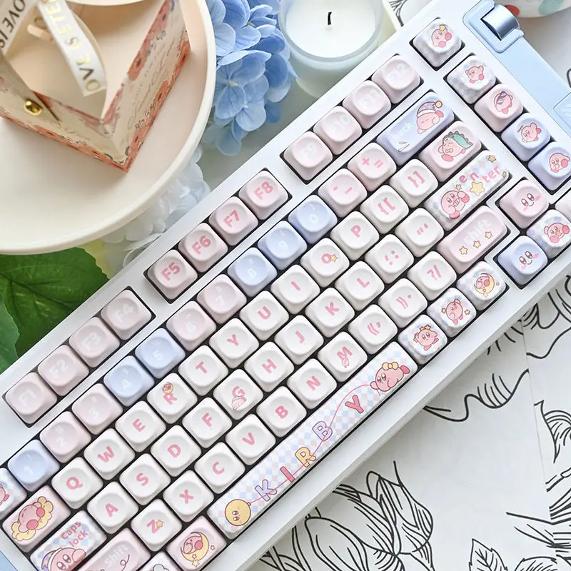 Kawaii Cute Kirby Themed Keycaps 141 Keys BPT MOA Profiled Keyboard Keycaps Suitable for MX Switch Gaming Mechanical Keyboard