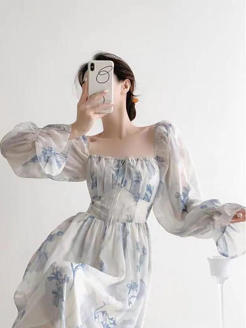 

Spring floral skirt 2024 new square neckline gentle style temperament fairy flower print dress feeling long sleeved skirt ZEBR