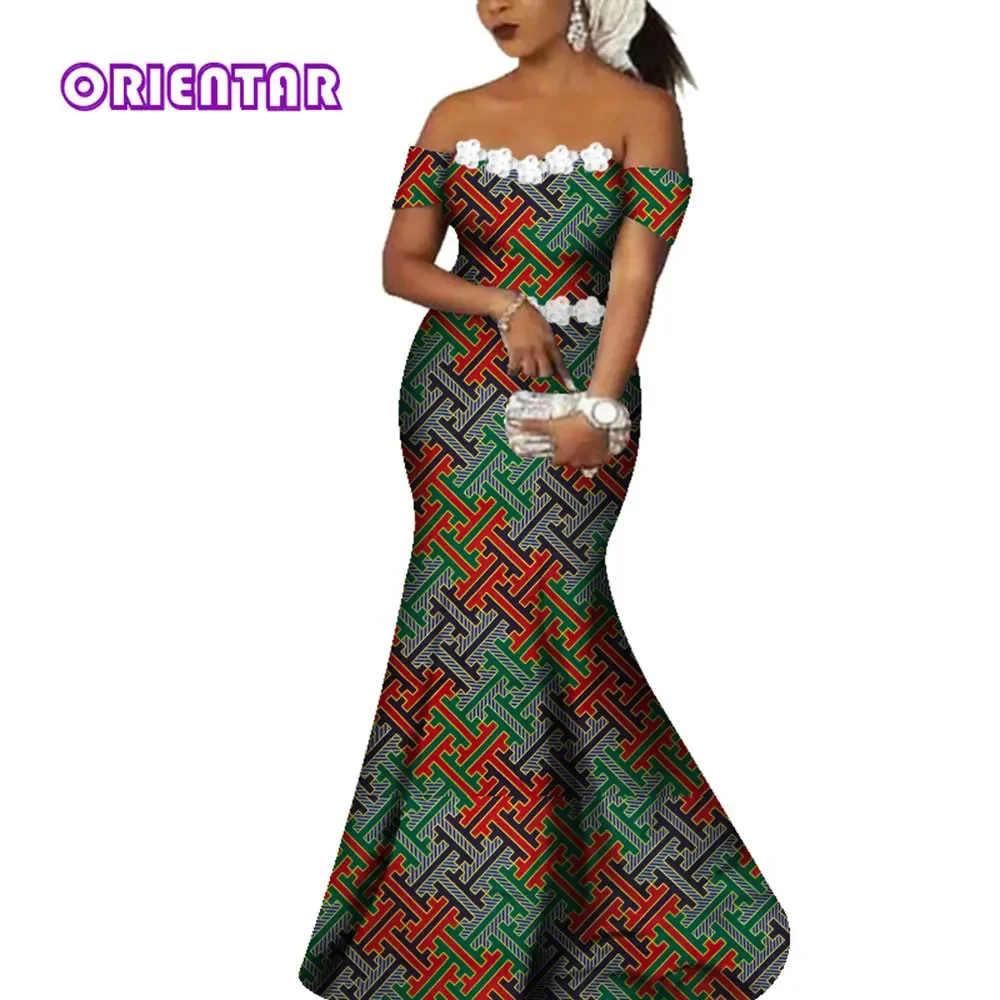 Fashion Women African Dress Off Shoulder African Print Cotton Long Maxi Dresses White Flowers Slash Neck Robe Africaine WY4365