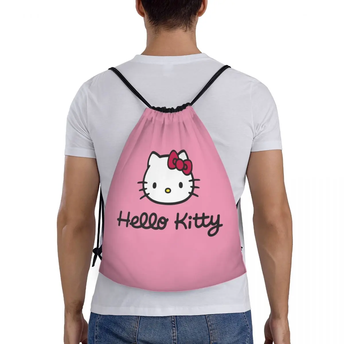 Custom Hello Kitty Logo Drawstring Bags Men Women Portable Sports Gym Sackpack Kitty White Training Storage Backpacks