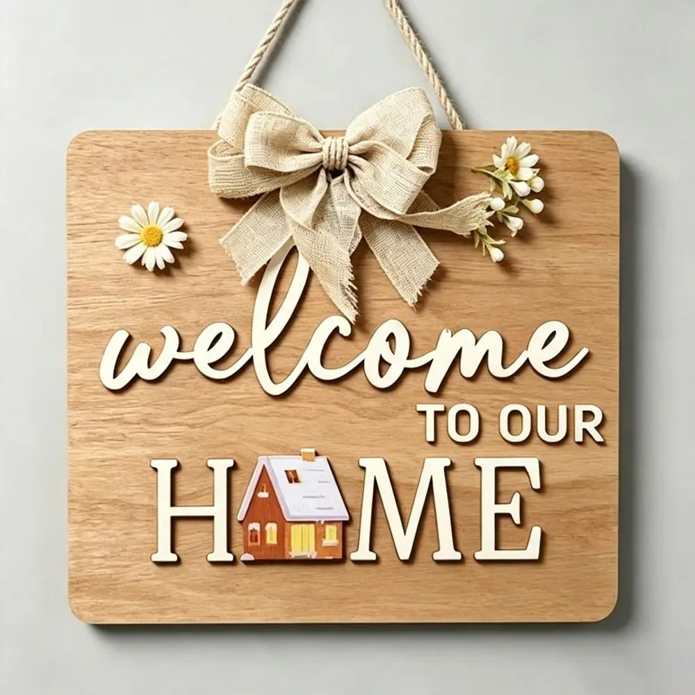 Durable 2D Flat Wooden Door Sign Floral Pattern Bow Pattern Door Wreath Solid Wood Round Doorplate Spring Summer Decor