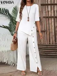 VONDA Fashion Women Pants Sets 2024 Elegant Suits Casual Irregular Hem Button Up Half Sleeve Shirt and Loose Straight Leg Pants