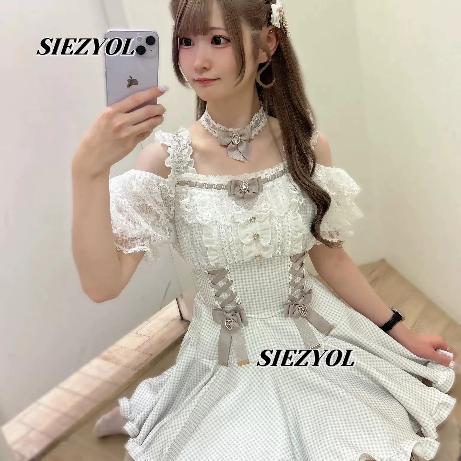 

Liz Oversize Dress Japanese Style Mass Production New Arrival Sweet Cute Off-shoulder Patchwork Black Plaid Heart Lace Dress