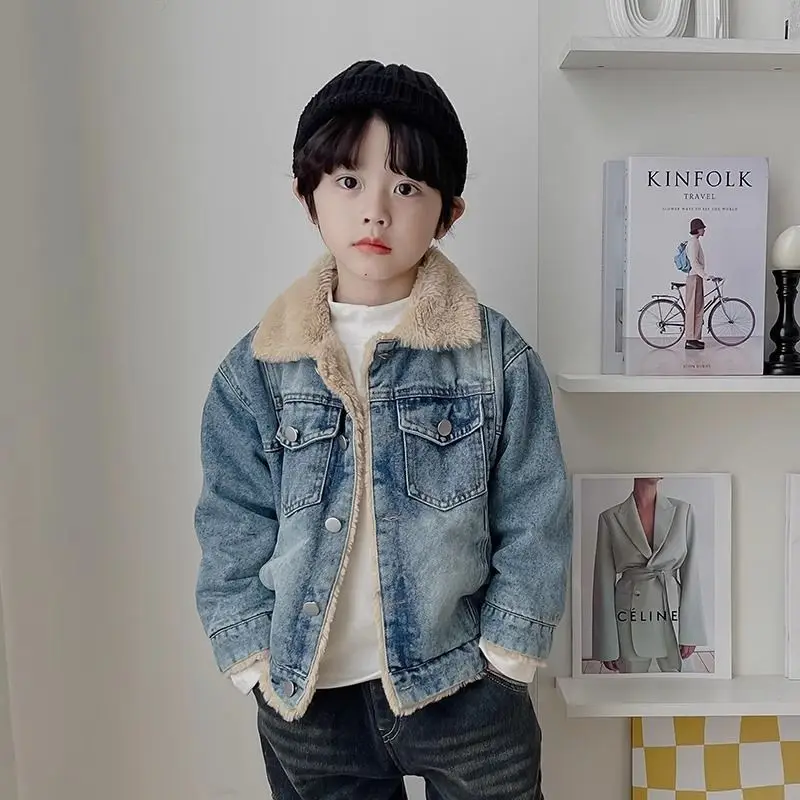 الخريف/الشتاء الأطفال الدنيم سترة جديد الأولاد عارضة الدافئة وسميكة معطف المخملية 110-160 سنتيمتر #1