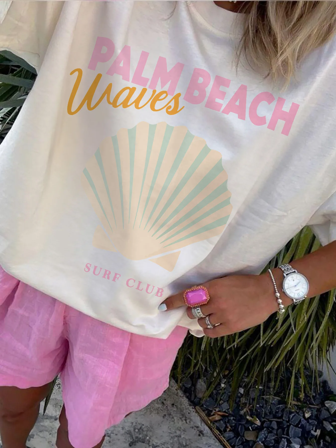 Vintage Short Sleeve Cotton Women's T-Shirt Soft Everyday Beach Top with Palm Waves Graphic Casual Shirt for Female Chic Outfits