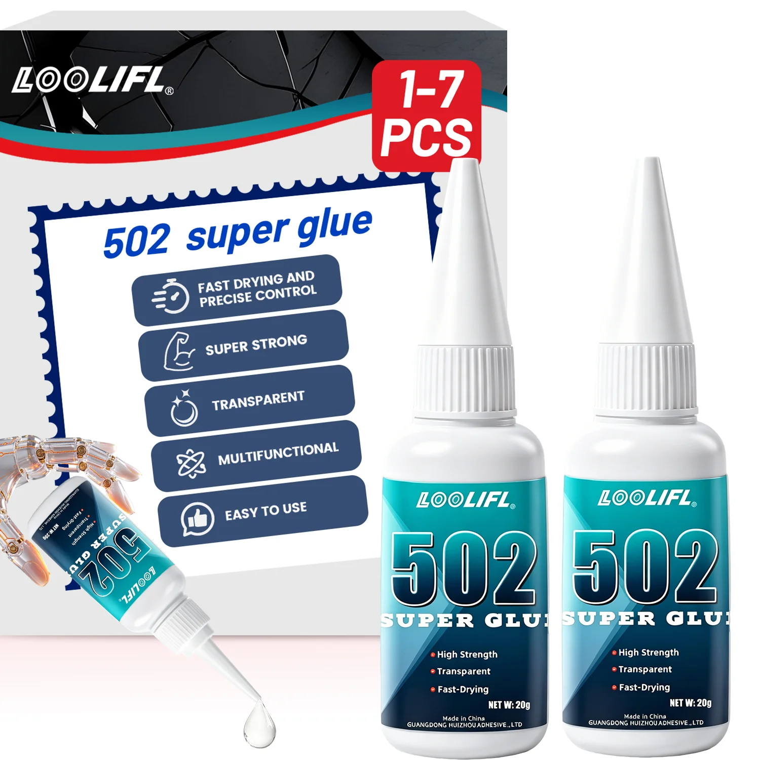 

LOOLIFL 502 super glue instant Strong quick dry Cyanoacrylate Universal For Metal Glass DIY Home Office Industrial Repair tool
