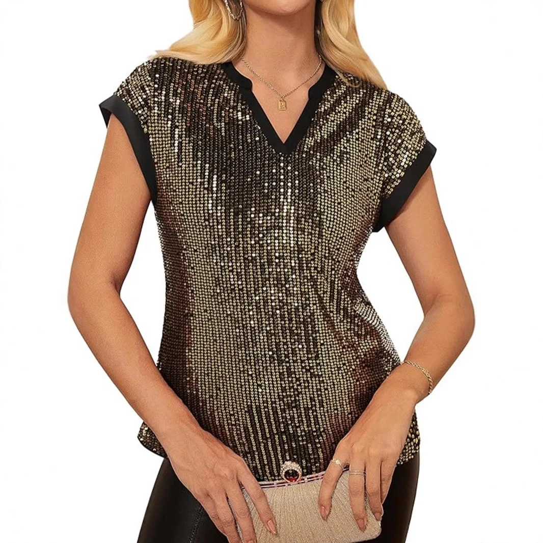 

2025 Summer New Women's V-Neck Sequin Short-Sleeve Top