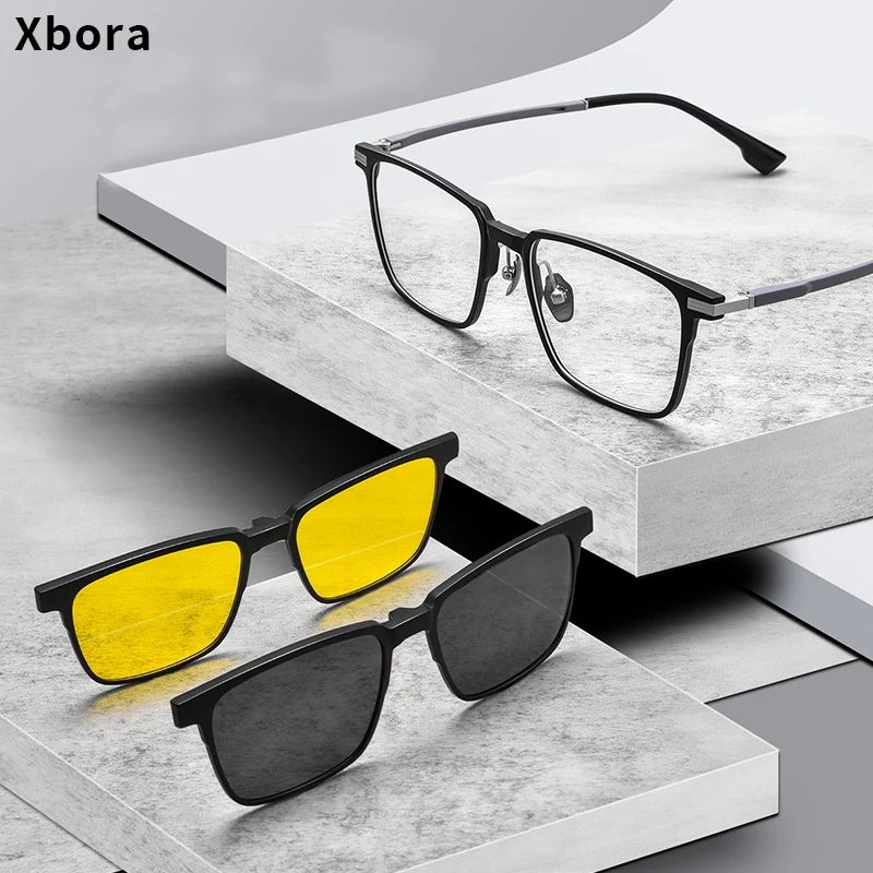 

Xbora New Magnetic Clip-on Polarized Sunglasses For Men TR Square Frame Optical Prescription Glasses For Women 2 in 1 Y9015