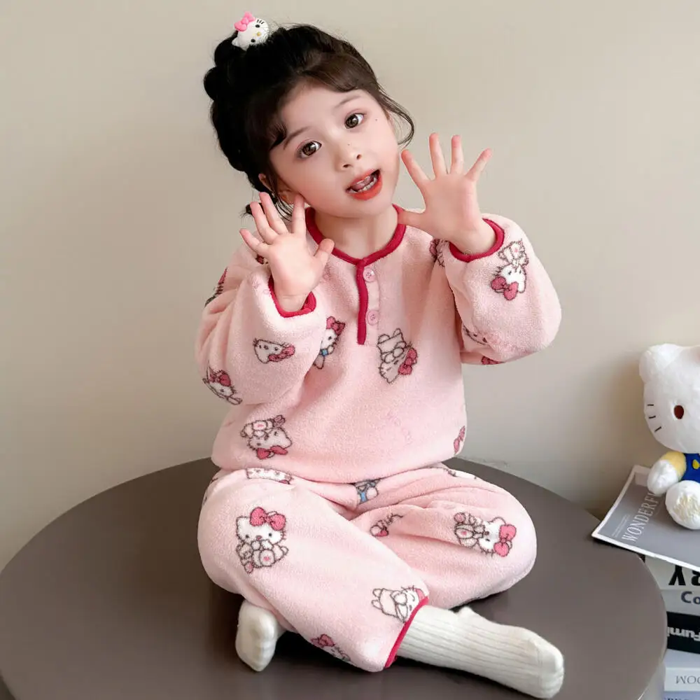 

Sanrio Hello Kitty Girls Pullover Pajamas Home Clothes Autumn Winter 2025 New Style Little Girls Baby Home Clothes Suit Trendy