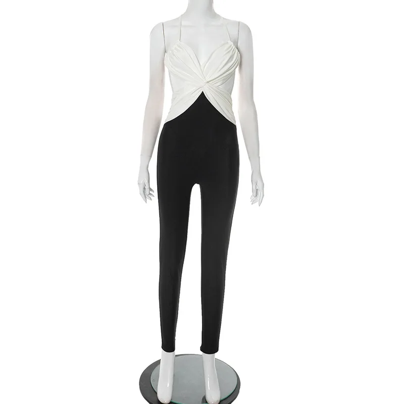 Bangniweigou الصدر عبر حزام خارج الكتف عارية الذراعين كابري بذلة المرأة لامعة نحيل قطعة واحدة حفلة شاملة