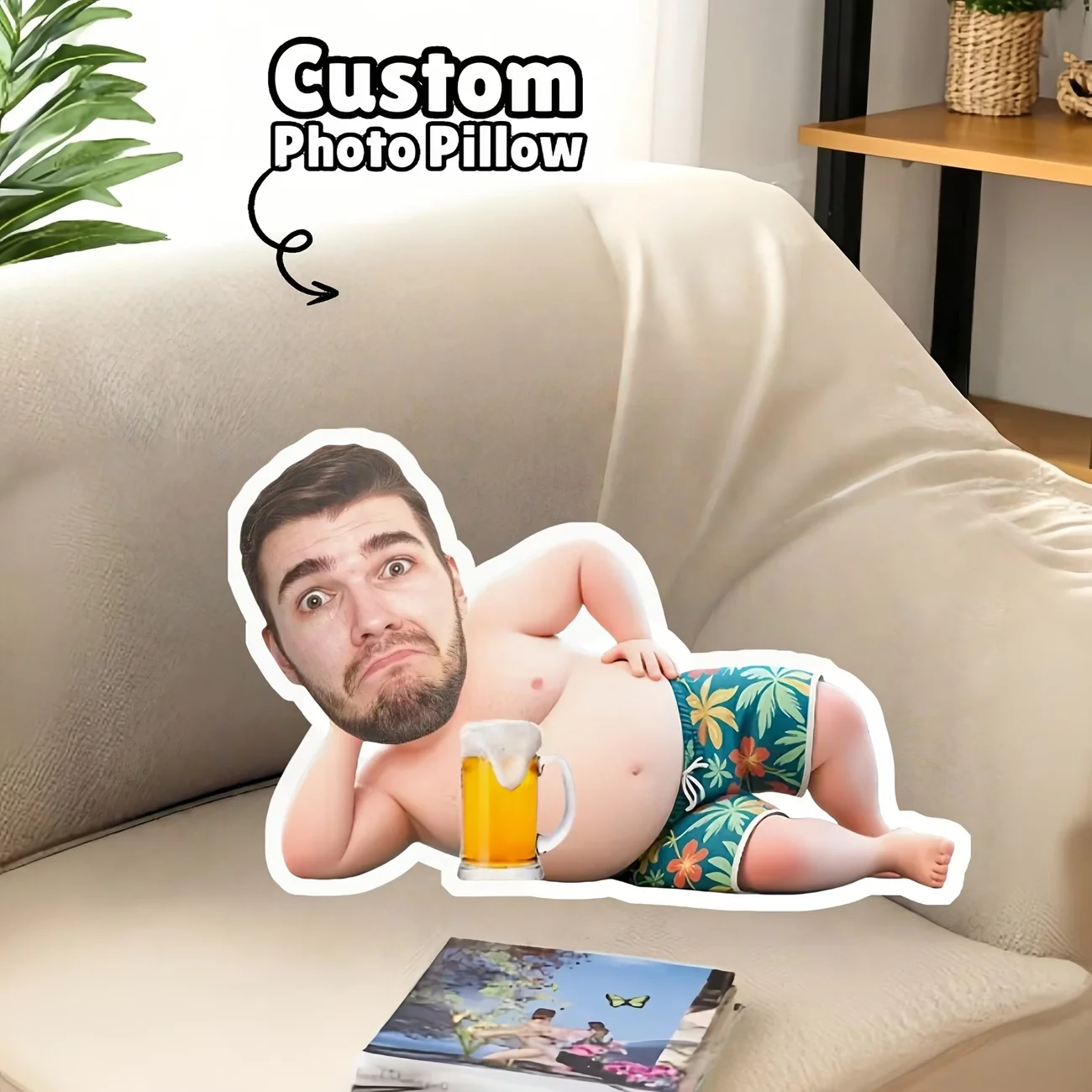 1Pc Customized Headshot Photo Cushion, Beer Holiday Theme Cushion—Suitable for Birthday Parties, Father's Day, Mother's Day, Halloween, Christmas Eve, Valentine's Day, Birthdays, Personalized Anniversaries, Memorial Day, Thanksgiving, Easter, April Fool's Day, Carnival Season, Ramadan, Eid Al-Fitr, Eid Al-Adha, National Holidays