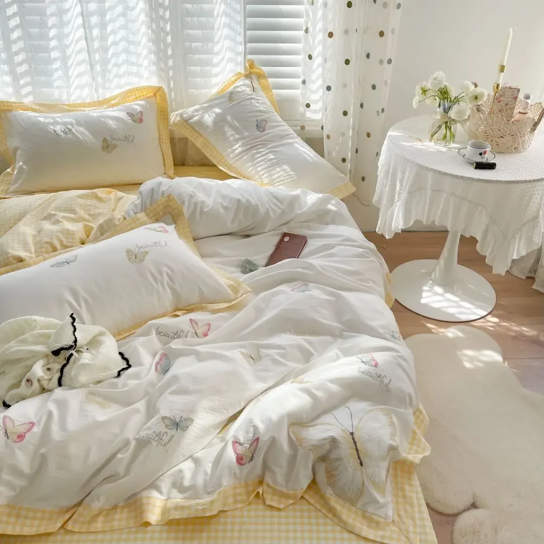 Yarn-dyed cotton washed cotton embroidery butterfly soft four-piece bed sheet three-piece bedding quilt cover