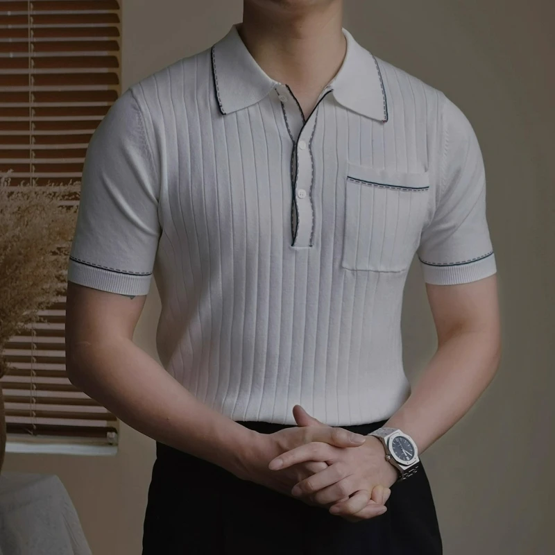Summer contrasting color casual striped lapel slim-fitting short-sleeved POLO shirt