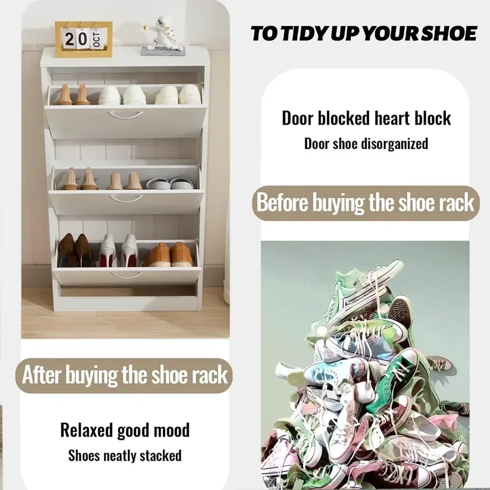 Shoe Cabinet Storage for Entryway, Flip Down Shoe Rack Wood 3 Tier White Shoe Organizer