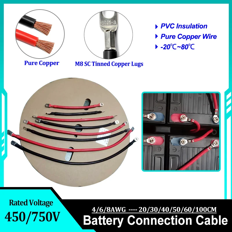 

4AWG 6AWG 8AWG Battery Connection Cable PVC Insulated Pure Copper Wire 20/30/40/50/60/100CM with M8 Tinned Copper Lug Terminal