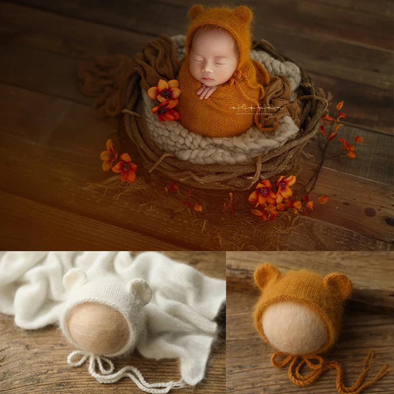 

2Pcs/sets Newborn Photography Accessoires Soft Mink Fluff Thread Knitted Bear Hat and Stretch Wraps Studio Baby Photoshoot Props