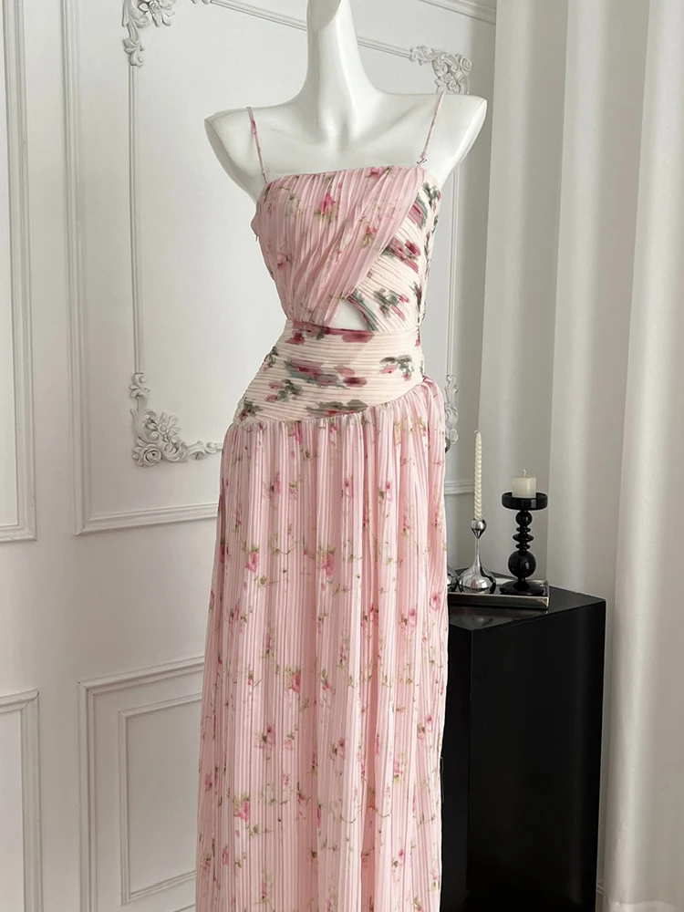 

Sexy Chest Wrapped Hollow Print Pleated Suspender Dress 2025 New Fashionable Summer Women'S Clothing