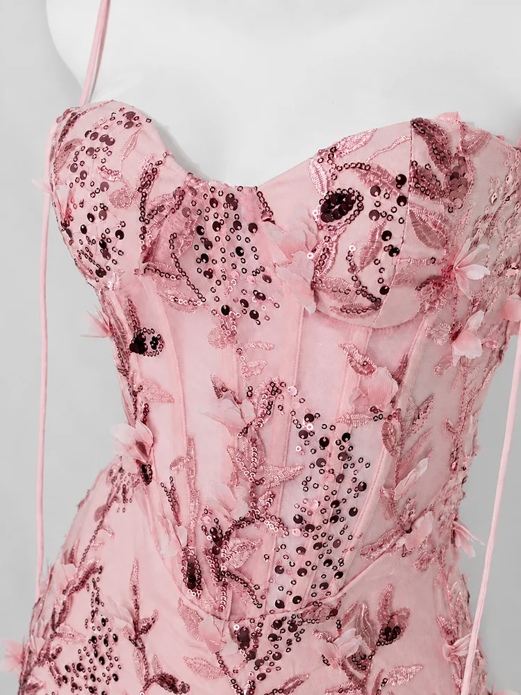 Dusty Pink Spaghetti Strap Mermaid Evening Gown 3D Floral Appliqué Sequin Tulle Corset Long Formal Wedding Guest Maxi Dress - view 5
