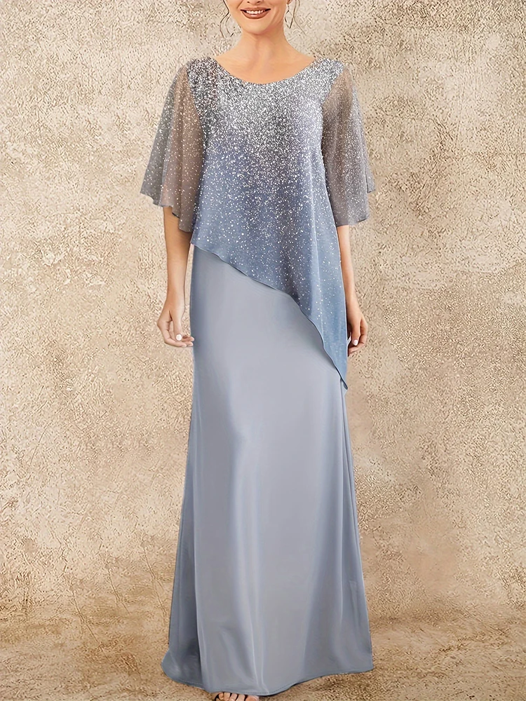 

Elegant Women's Evening Dress Plus Size Mother Of The Bride Dusty Blue Chiffon Ombre Sparkly Print Irregular Cape Maxi Dress