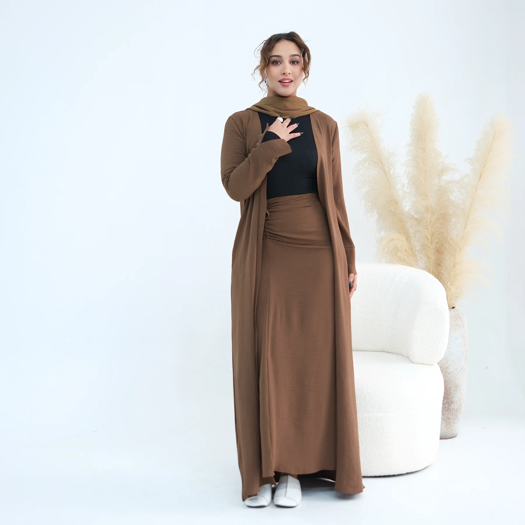 Midden-Oosten Dubai Cardigan en Rok 2-delig Set Ramadan Vrouwen Moslim Jurk Kimono Abaya Kaftan Islam Femme Musulmane Ensembles