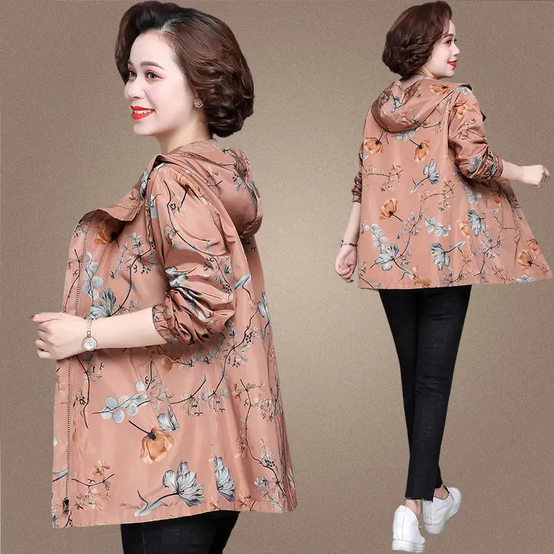 

Spring Autumn Printing Trench Coat 2023 Women Hooded Coats Fashion Two-Sided Jackets Loose Outwea Mid-Long Windbreaker Coat