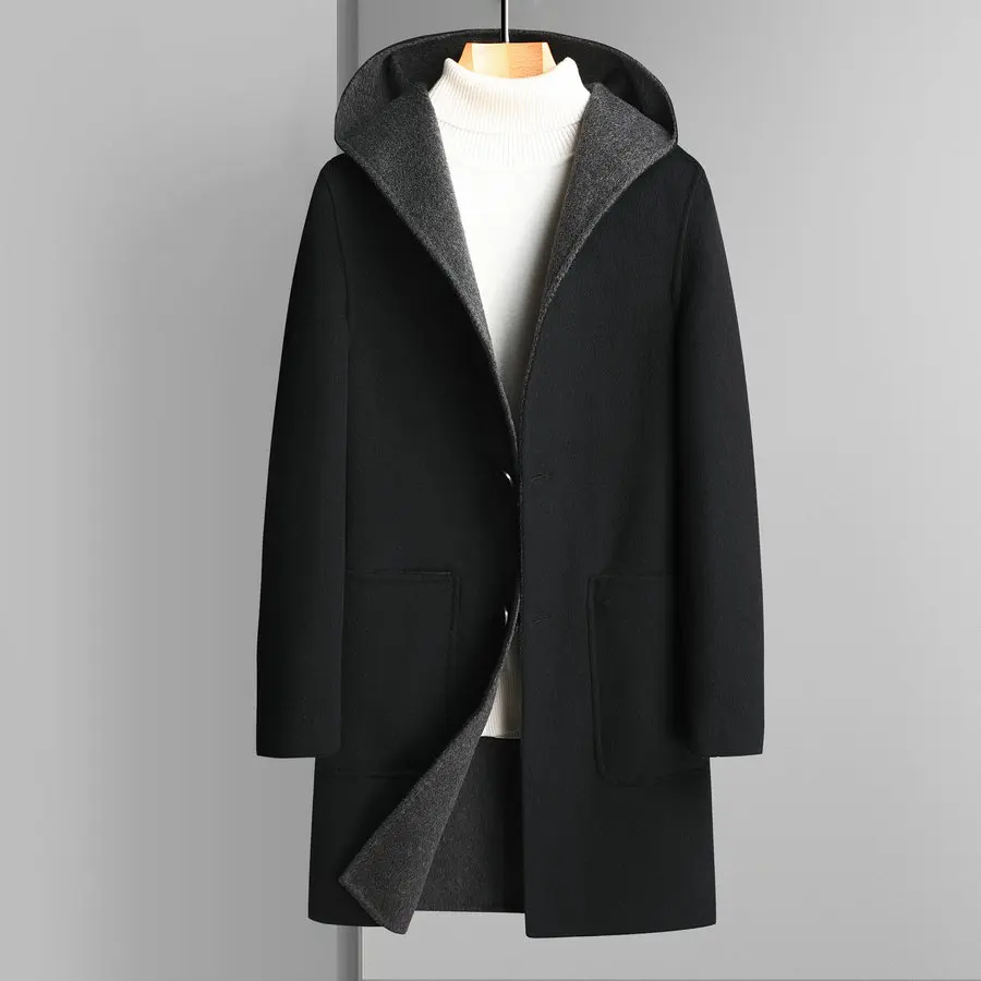 

Winter Autumn Men Elegant Soft Warm Hooded Cashmere Wool Overcoat British Style Single Breasted Woolen Blend Coats Male Outfits