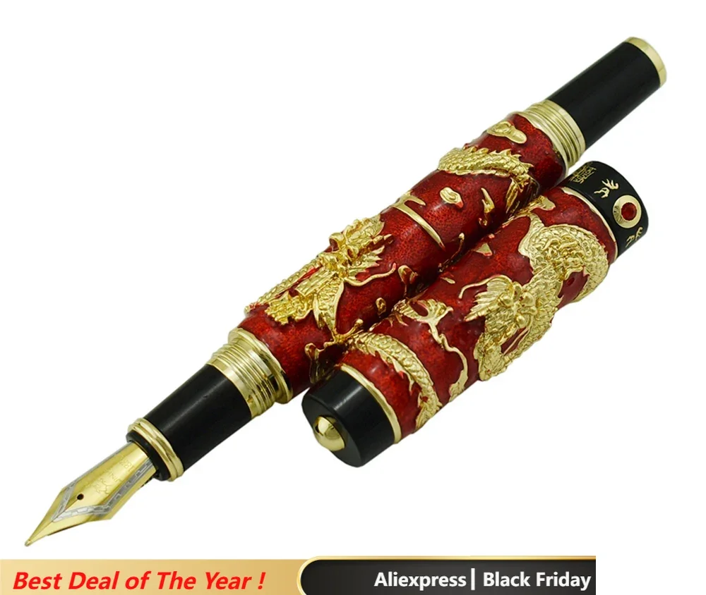 Jinhao Red Cloisonne Double Dragon Fountain Pen Iridium Medium Nib Advanced Craft Writing Gift Pen for Business, Graduate