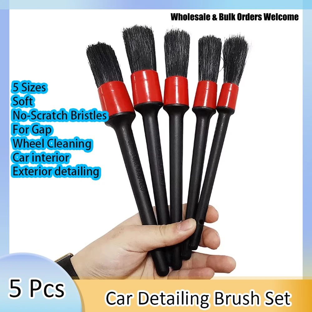 5PCS Car Cleaning Brush Set Red&Black Soft Bristle Detail Brushes Universal Car Seat Gap Slit Brush Auto Interior Exterior Dust