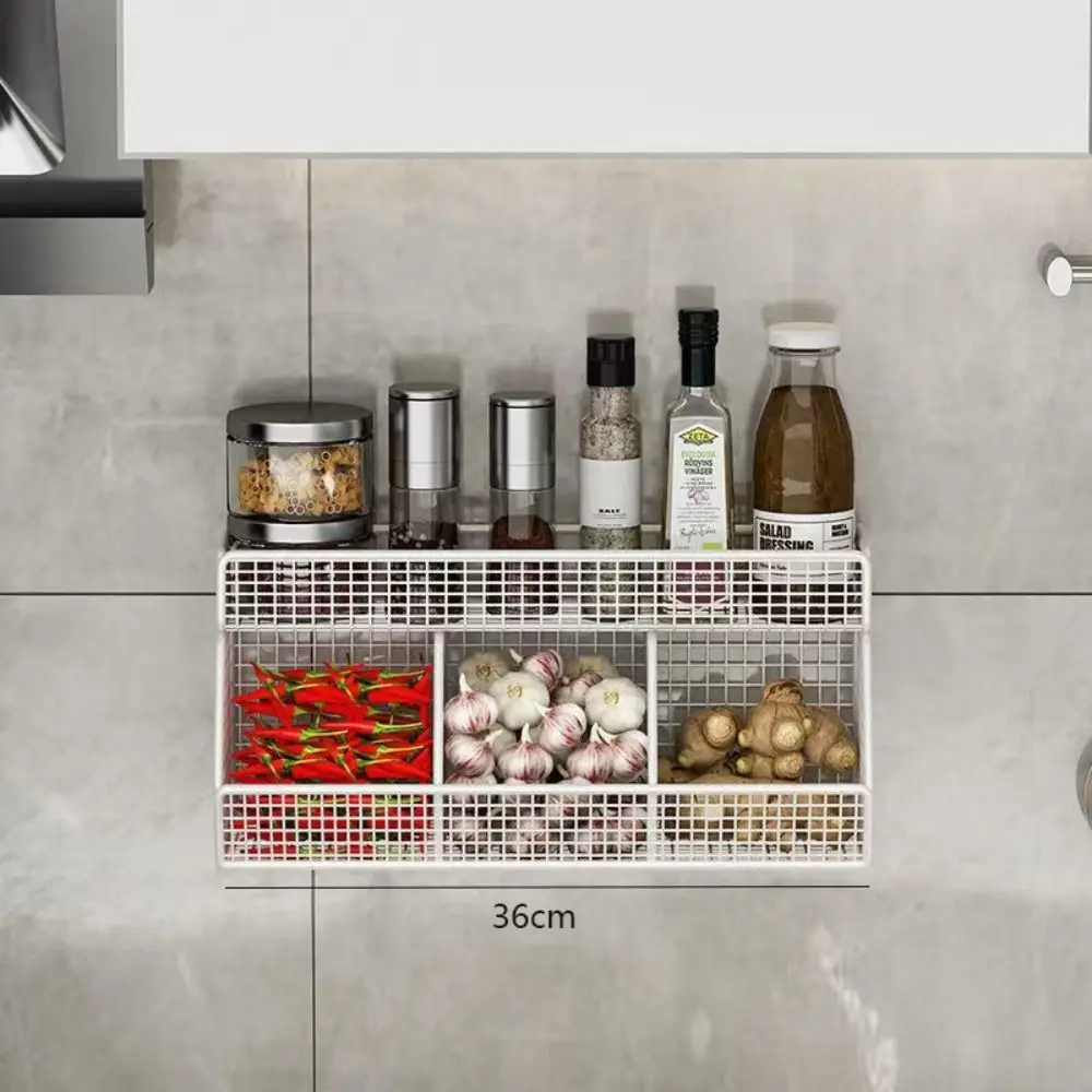 

Wall Mounted Kitchen Storage Rack 3 Grids Double Layer Hanging Fruits Basket Punch free Metal Onion Storage Wire Basket