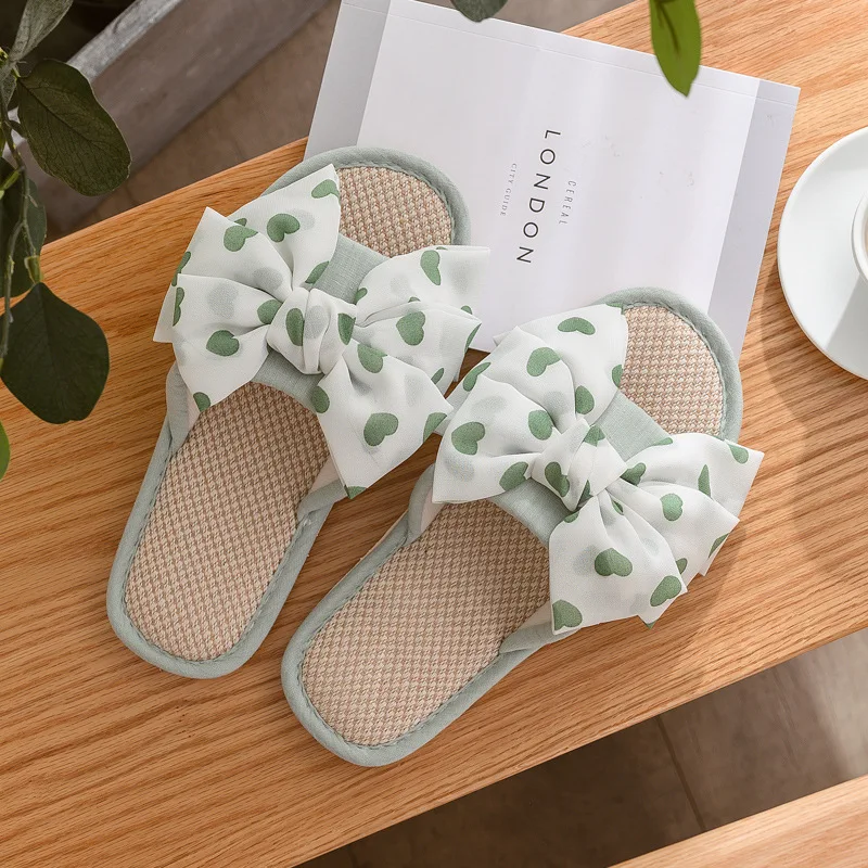 Home Linen Slippers Breathable Slippers Spring Summer Household Anti Slip Indoor Love Bowknot Slides Flat Soft Sole Women Shoes