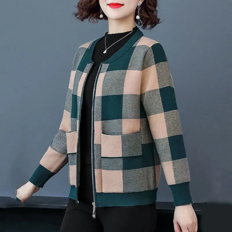 

Zip Up Cardigans Vintage Plaid Loose Jackets Woman Clothes Spring Autumn New Pockets O-Neck Long Sleeve Demi-season Casual Coats