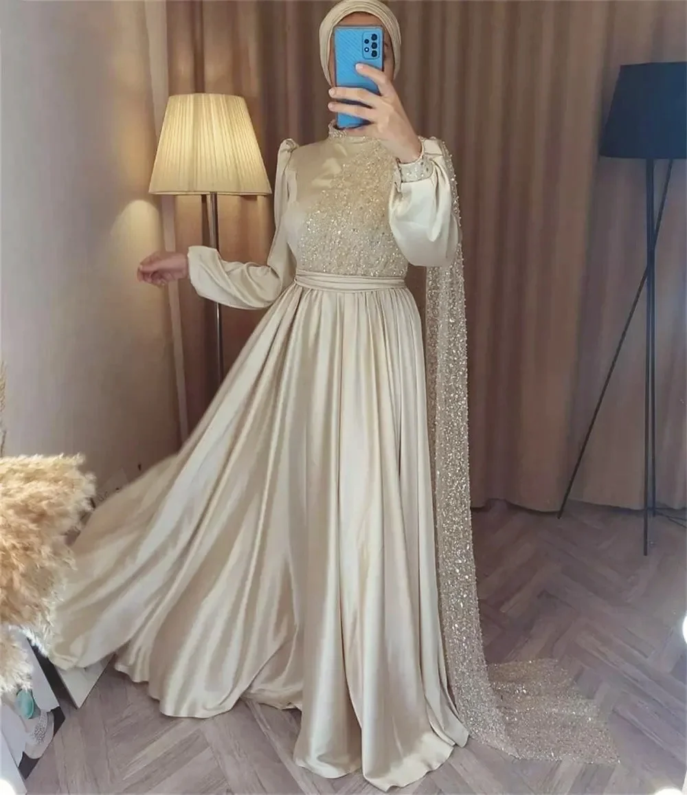 Elegant Muslim Wedding Party Dress High Neck Arab Women Formal Evening Dress New A-Line Satin Prom Dress Vestidos De Novia 2024