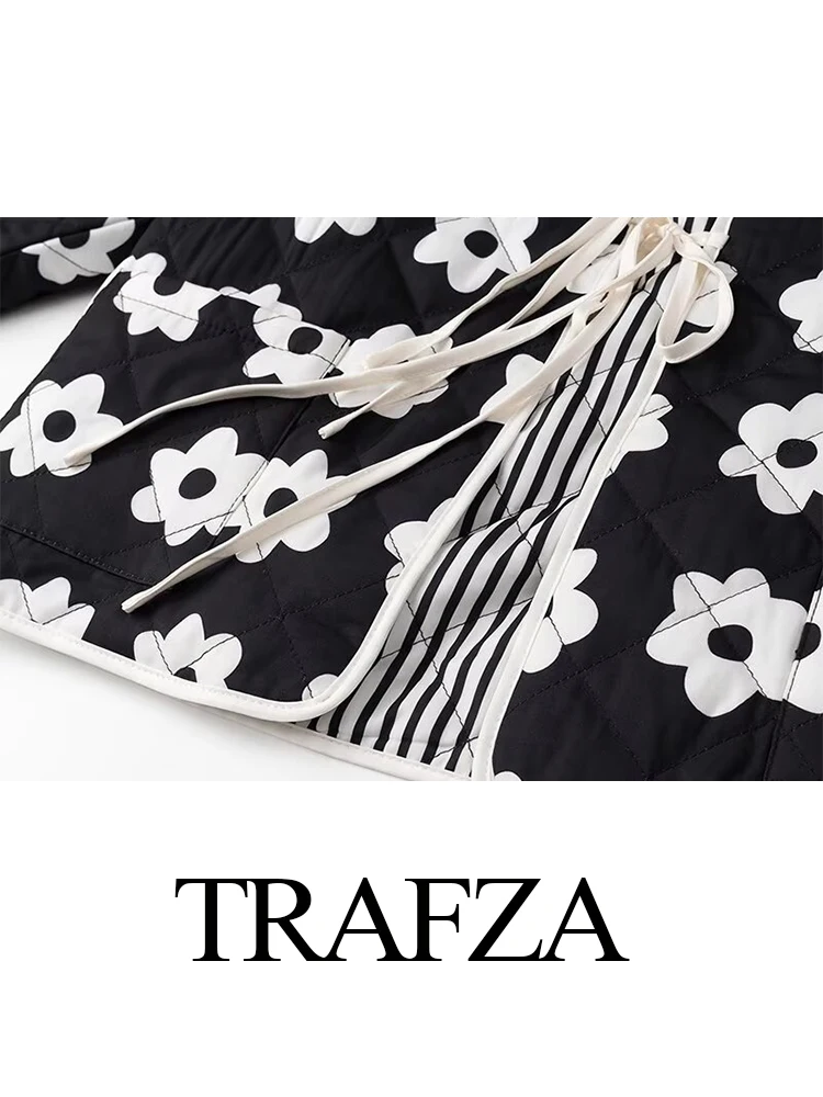 TRAFZA-Jaqueta feminina de algodão de tiras reversível com lapela estampada, elegante feminina manga comprida, casaco quente de rua alta, moda inverno